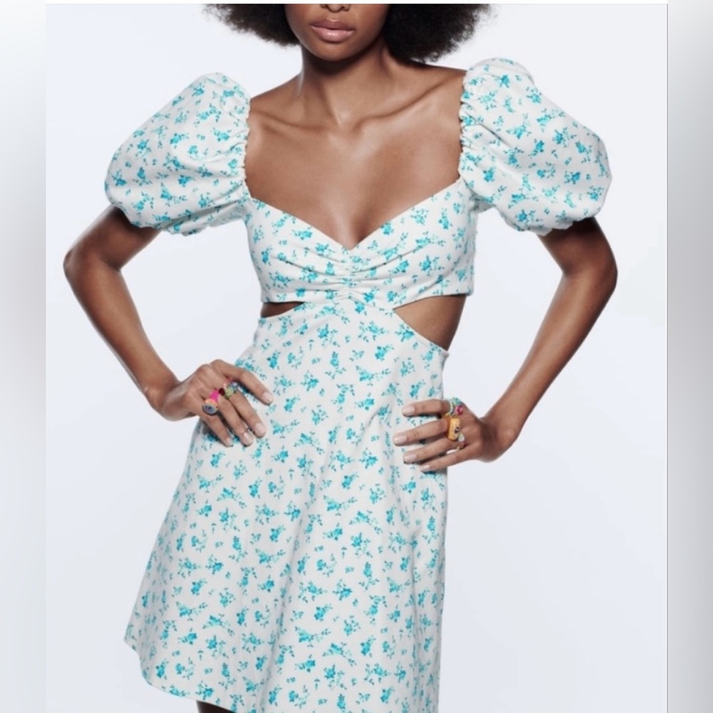 ZARA Floral Cutout Dress with Balloon Sleeves- size M